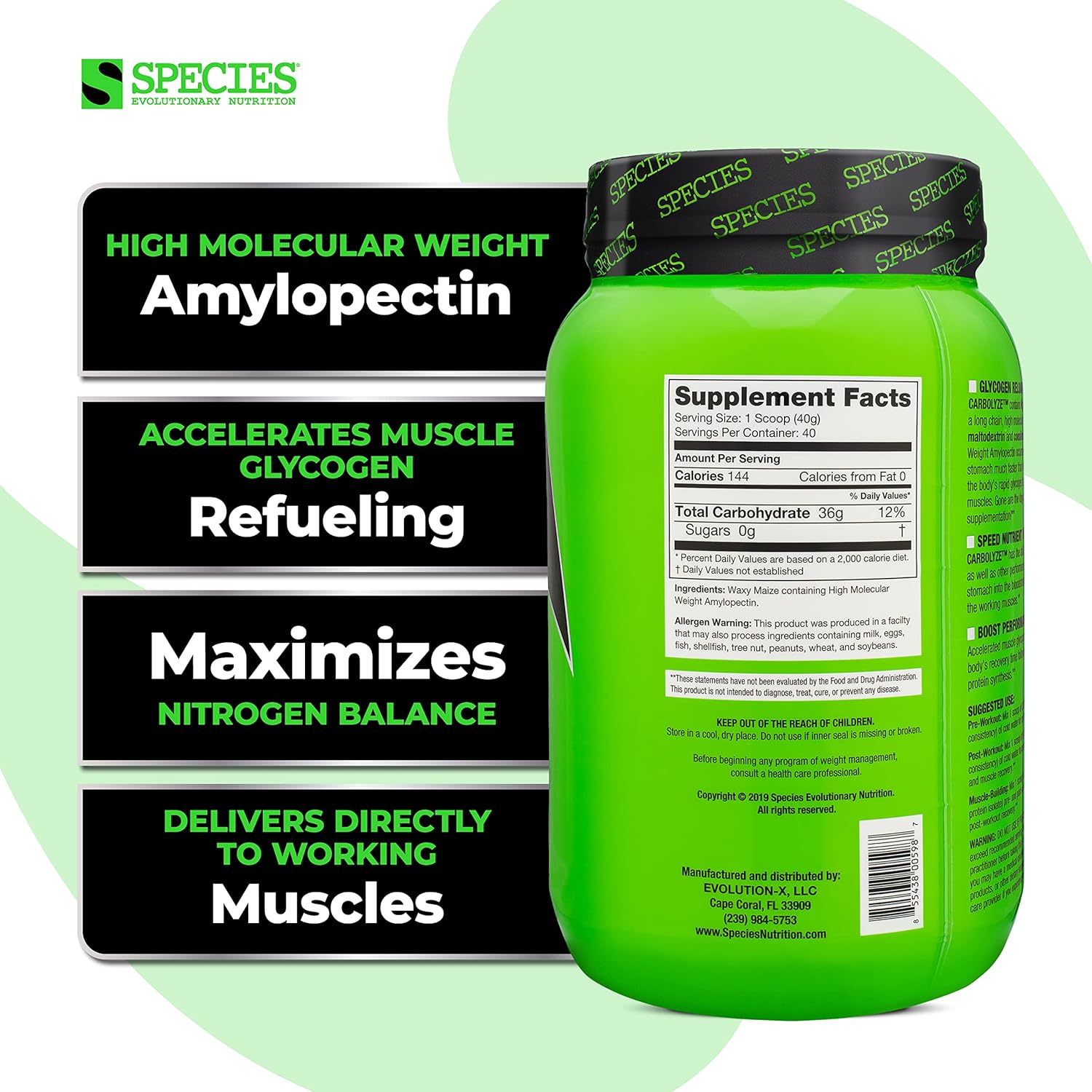 High Molecular Weight Carbolyze Carbohydrate Powder Supplement for Intra & Post Workout - Sugar Free, No Bloating or Cramping - Unflavored, 40 Servings