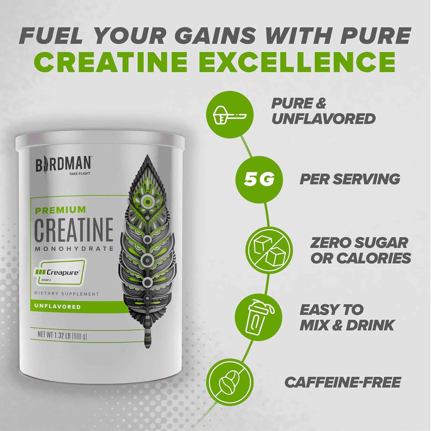 High-Performance BIRDMAN Creatine Monohydrate Powder for Pre-Workout - 600g Unflavored, High Purity