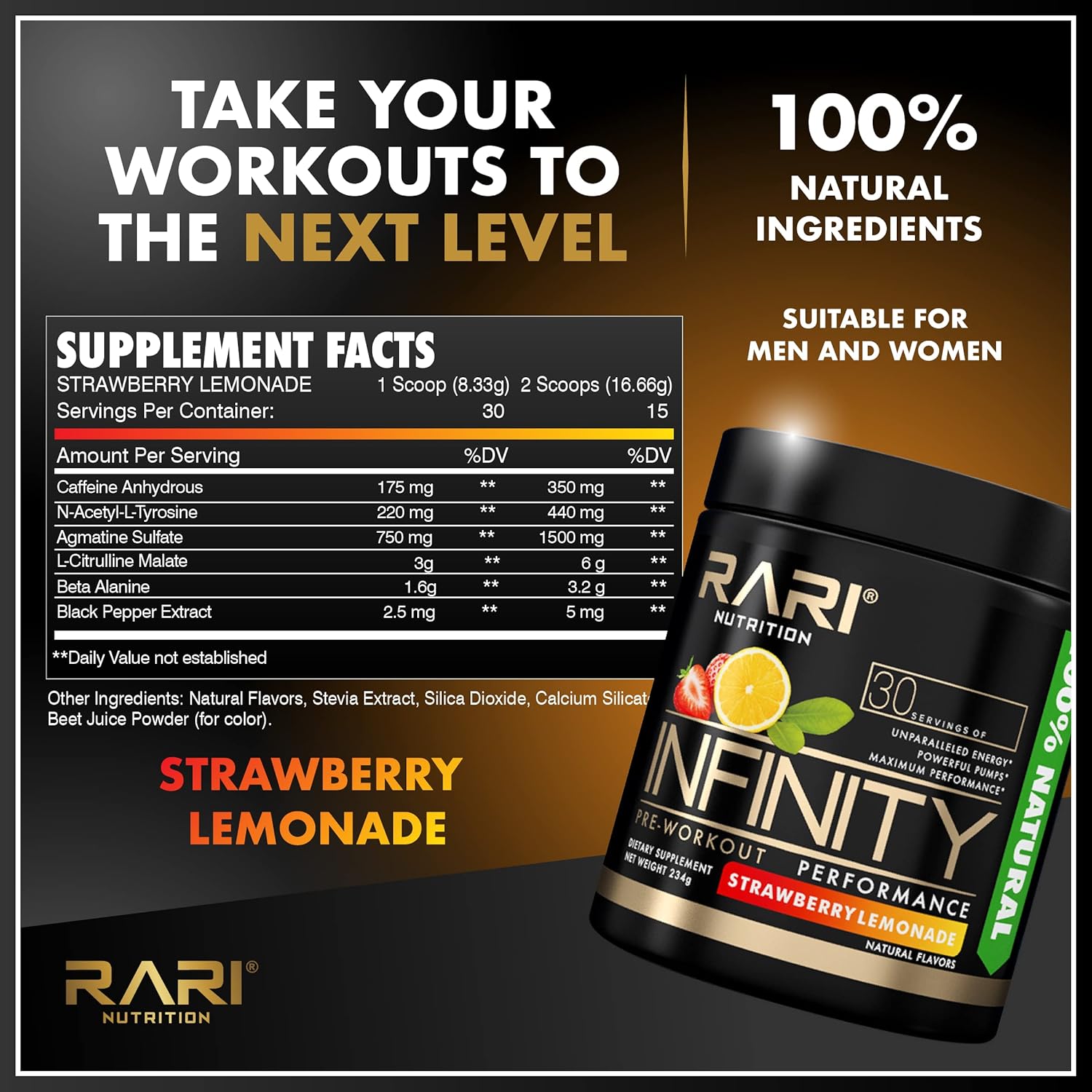 High-Performance Energy Powder for Women and Men - RARI Nutrition Infinity Pre Workout Performance - 30 Servings - Strawberry Lemonade