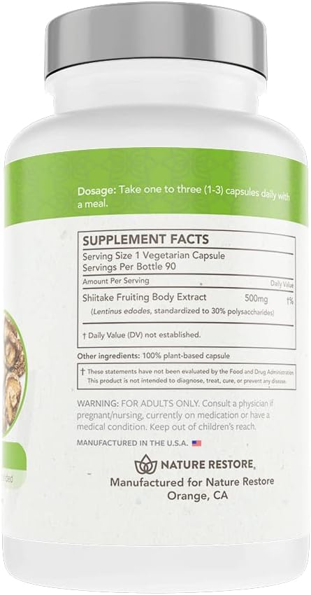 High Polysaccharide Concentration Shiitake Mushroom Extract Supplement - 90 Capsules, Non-GMO, Gluten Free by Nature Restore