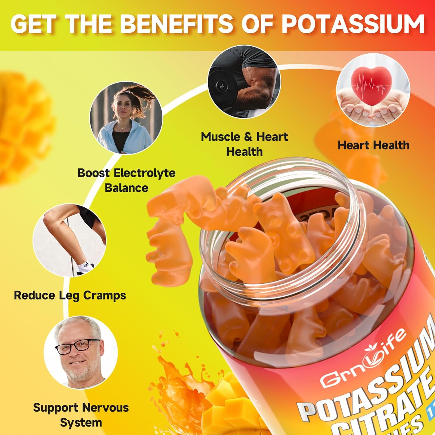 High Potassium Vegan Mango Gummies 1200mg for Leg Cramps & Muscle Health - 120 Count