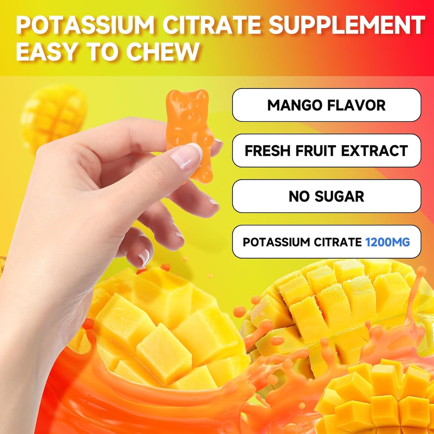 High Potassium Vegan Mango Gummies 1200mg for Leg Cramps & Muscle Health - 120 Count