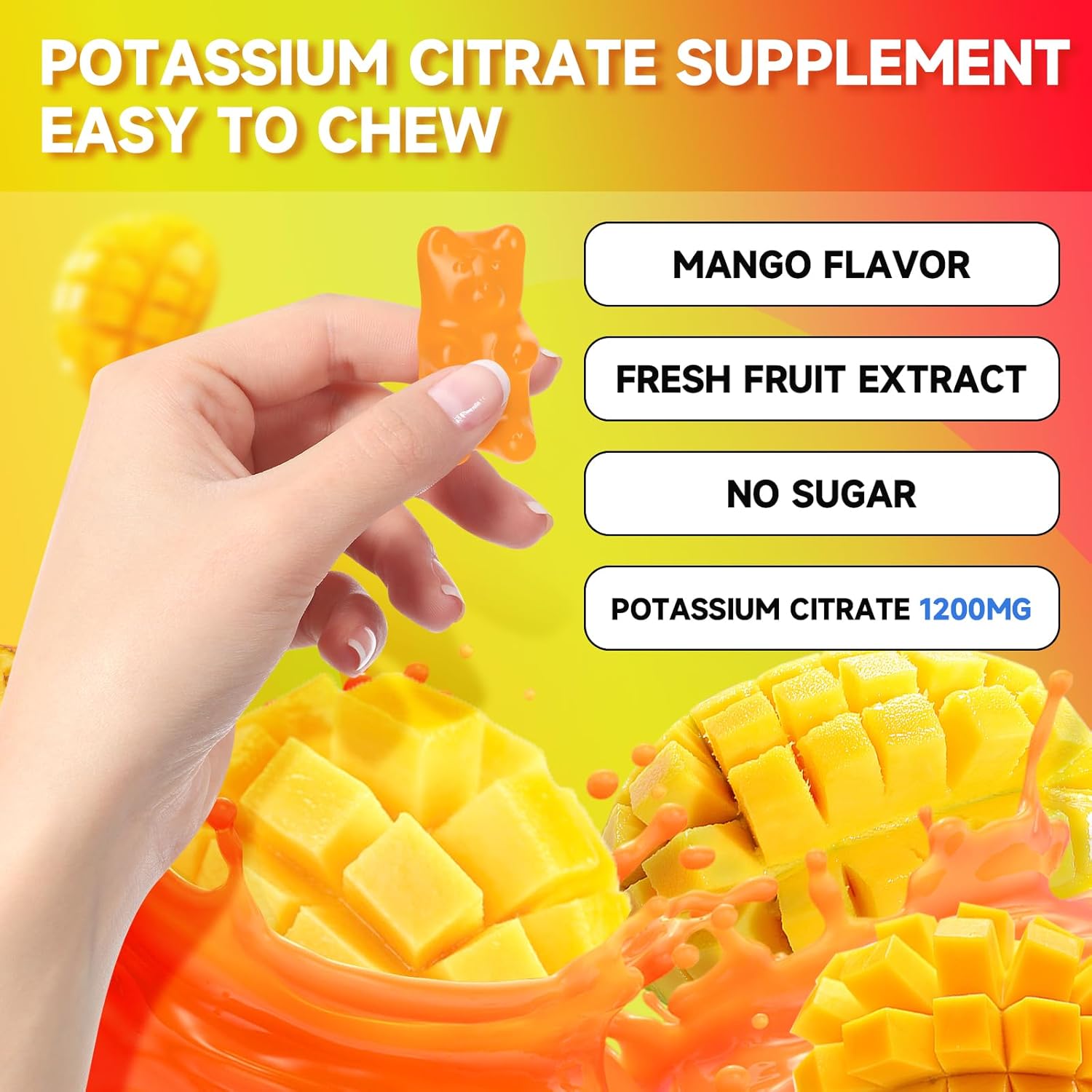 High Potassium Vegan Mango Gummies 1200mg for Leg Cramps & Muscle Health - 120 Count