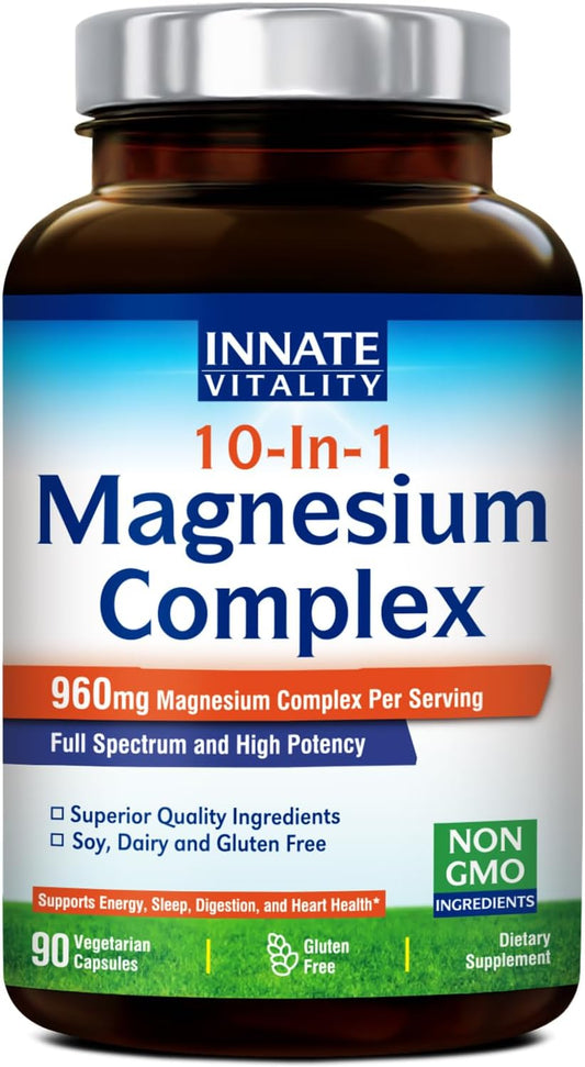 High Potency 10-in-1 Magnesium Complex with 420mg Elemental Mag, Full Spectrum Support, Non-GMO, 90 Vegan Capsules