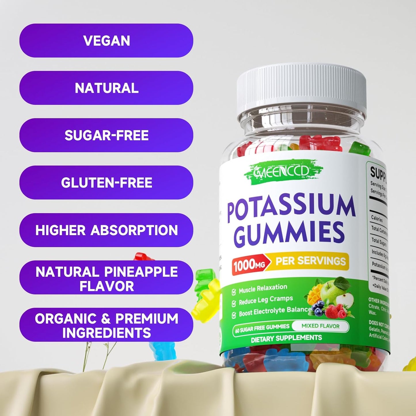 High Potency 1000mg Potassium Citrate Gummies for Adults - Supports Muscle Health & Leg Cramps - Sugar-Free Mixfed Fruit Flavor - 120 Count