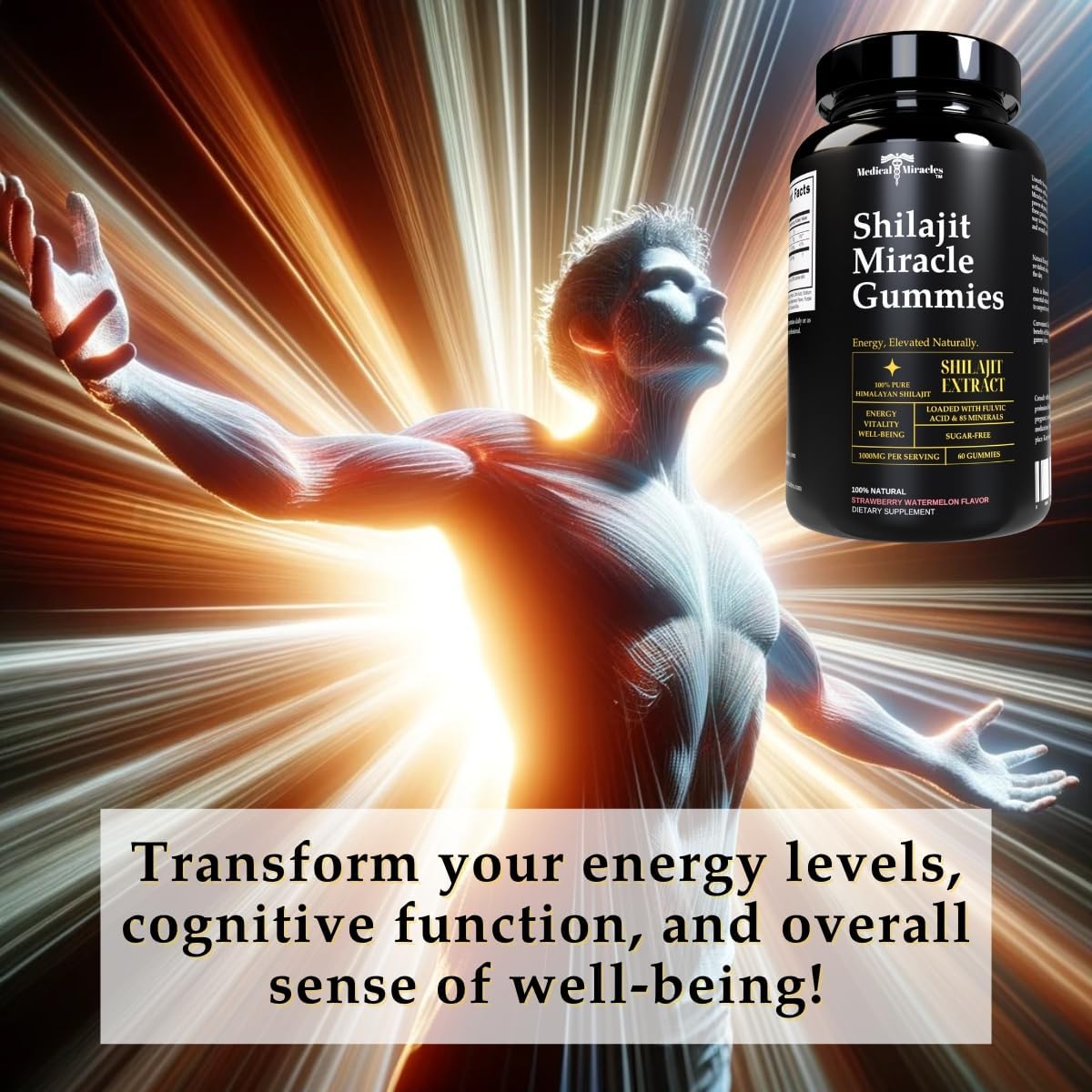 High Potency 1000mg Shilajit Gummies with Fulvic Acid - Vegan, Sugar-Free, Energy & Immunity Support - 60 Delicious Gummies