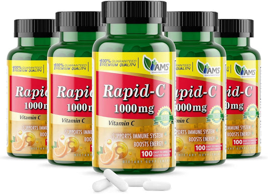 High-Potency 1000mg Vitamin C Supplement for Adults - 5 Pack of 100 Tablets - Energy Booster, Immune Support, Antioxidant - Vegan & Non-GMO Formula by America Medic & Science