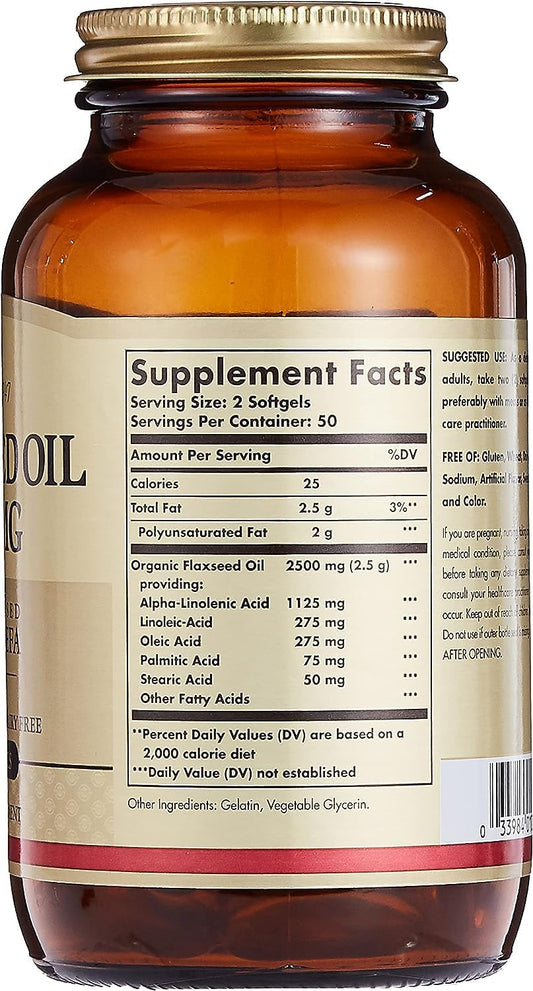 High Potency 1250mg Solgar Flaxseed Oil Softgels - 100 Count