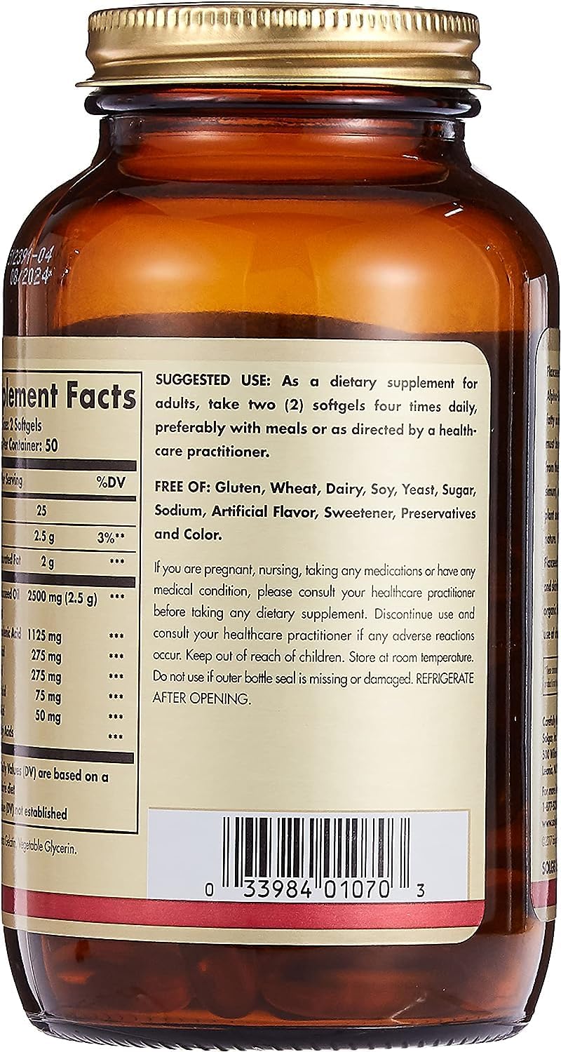 High Potency 1250mg Solgar Flaxseed Oil Softgels - 100 Count