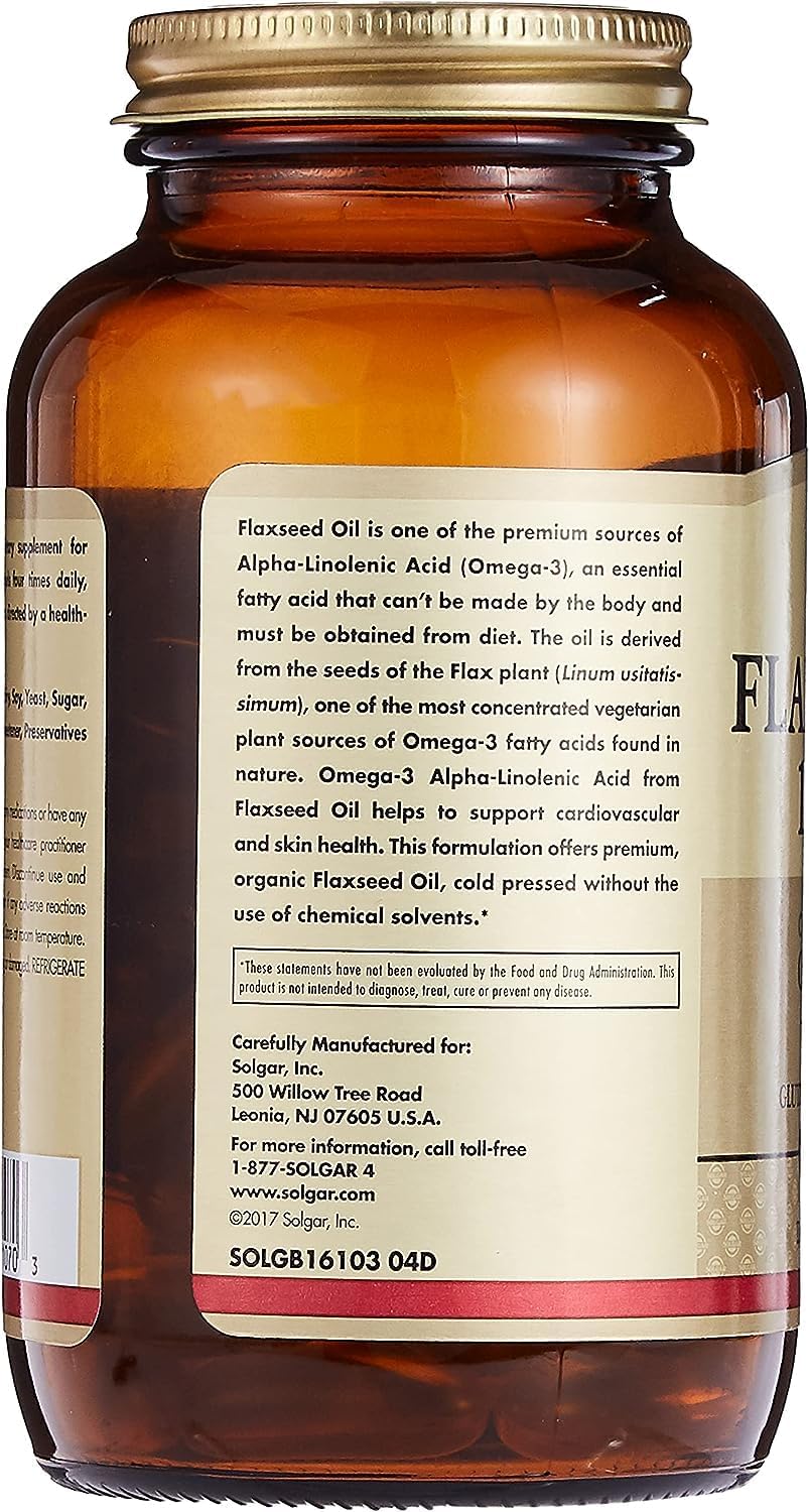 High Potency 1250mg Solgar Flaxseed Oil Softgels - 100 Count