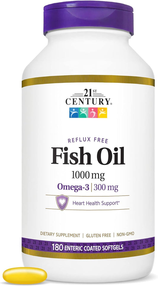 High Potency 21st Century Fish Oil 1000mg Softgels, 180 Enteric Coated Capsules - Omega-3 Supplement