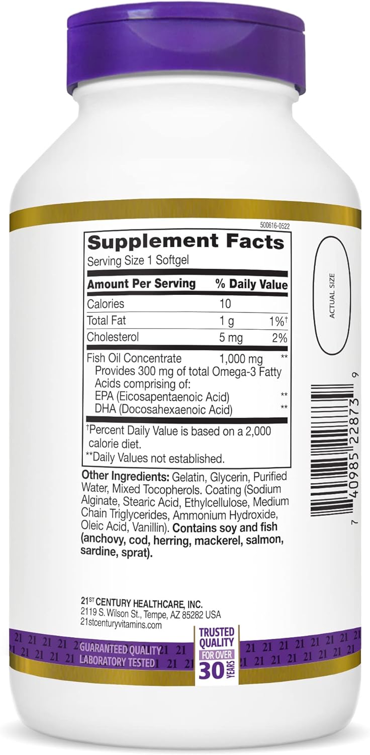 High Potency 21st Century Fish Oil 1000mg Softgels, 180 Enteric Coated Capsules - Omega-3 Supplement