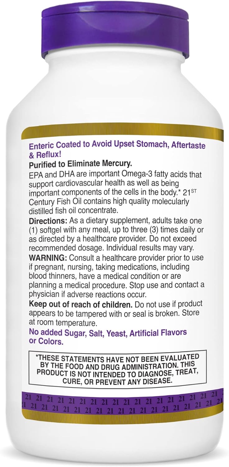 High Potency 21st Century Fish Oil 1000mg Softgels, 180 Enteric Coated Capsules - Omega-3 Supplement