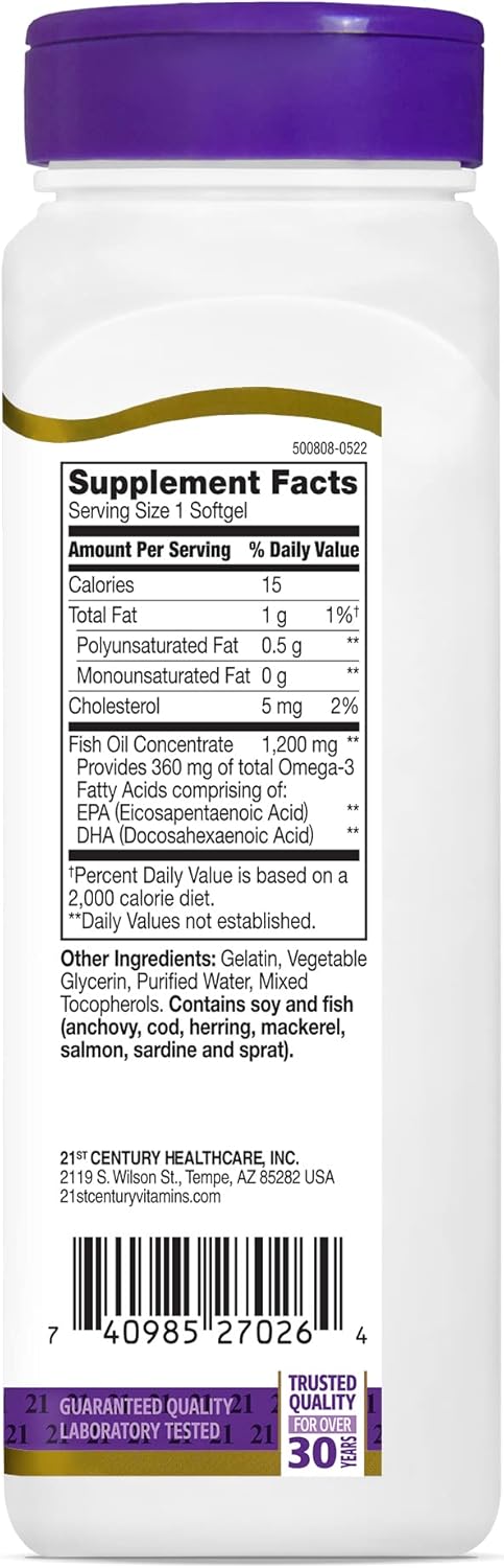 High Potency 21st Century Omega-3 Fish Oil Softgels - 1200mg, 90 Count - Maximum Strength Omega-3 Supplement