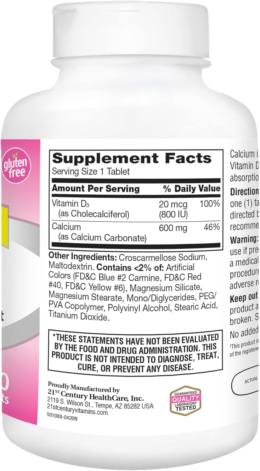 High Potency 21st Century Vitamin D and Calcium Supplement Tablets - 600 mg, 400 Count
