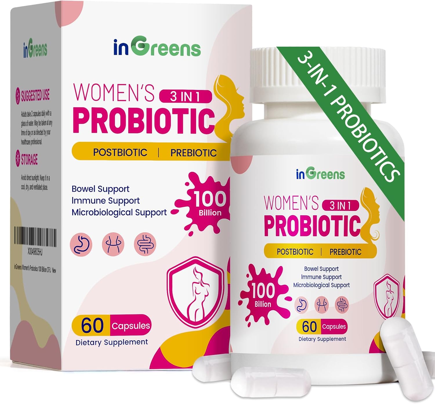 High Potency 3-in-1 Vaginal Probiotics for Women - 100 Billion CFU, 15 Strains - Organic Digestive, Vaginal, Urinary & Immune Health - 60 Capsules