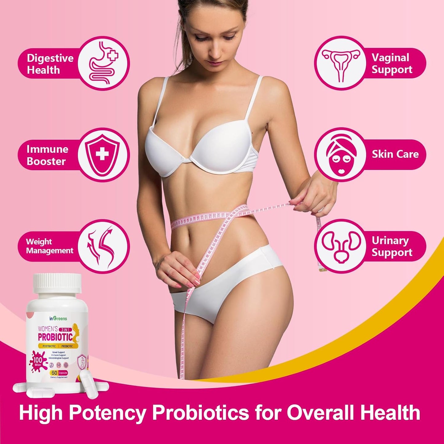 High Potency 3-in-1 Vaginal Probiotics for Women - 100 Billion CFU, 15 Strains - Organic Digestive, Vaginal, Urinary & Immune Health - 60 Capsules