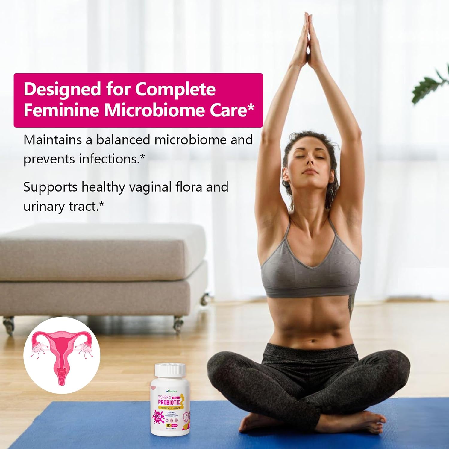 High Potency 3-in-1 Vaginal Probiotics for Women - 100 Billion CFU, 15 Strains - Organic Digestive, Vaginal, Urinary & Immune Health - 60 Capsules