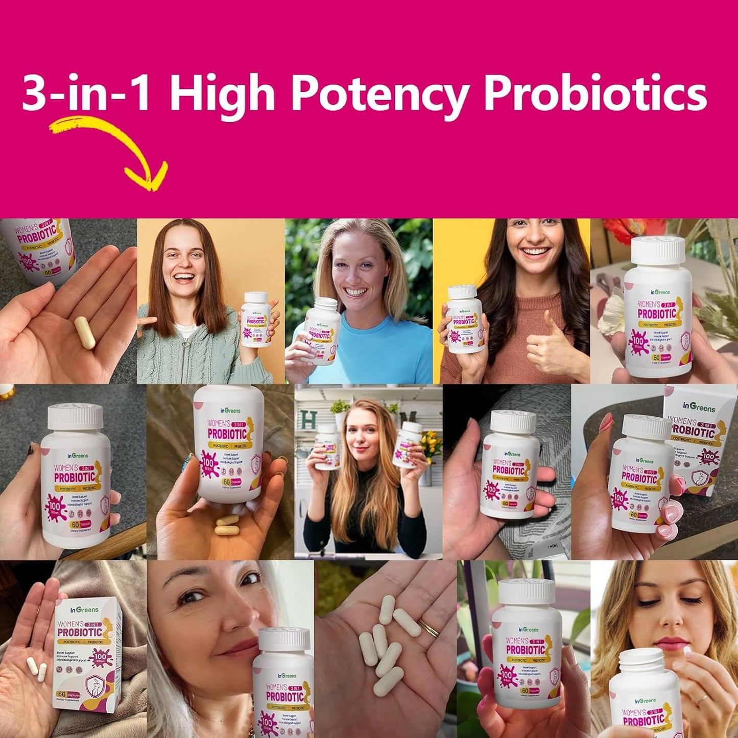 High Potency 3-in-1 Vaginal Probiotics for Women - 100 Billion CFU, 15 Strains - Organic Digestive, Vaginal, Urinary & Immune Health - 60 Capsules