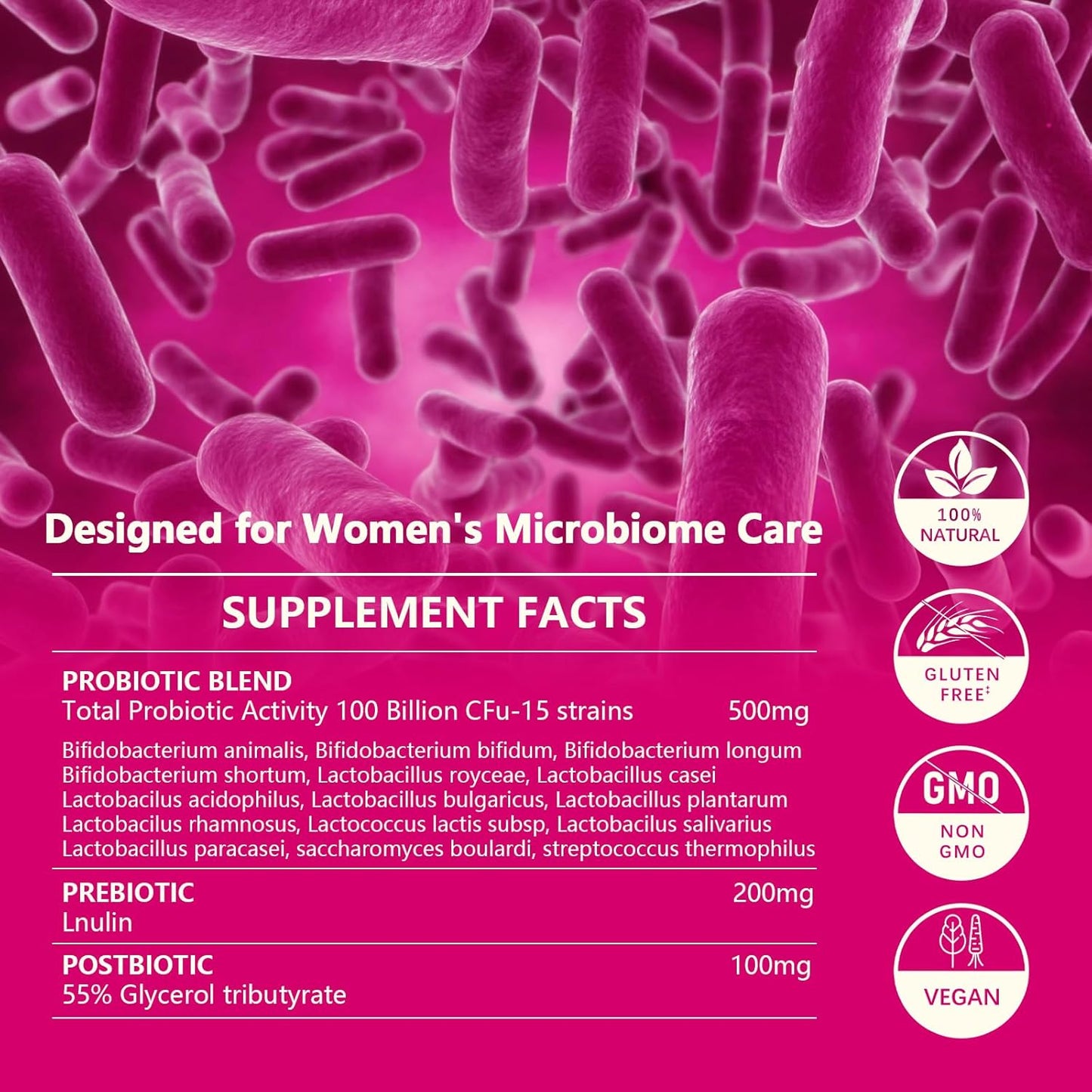 High Potency 3-in-1 Vaginal Probiotics for Women - 100 Billion CFU, 15 Strains - Organic Digestive, Vaginal, Urinary & Immune Health - 60 Capsules