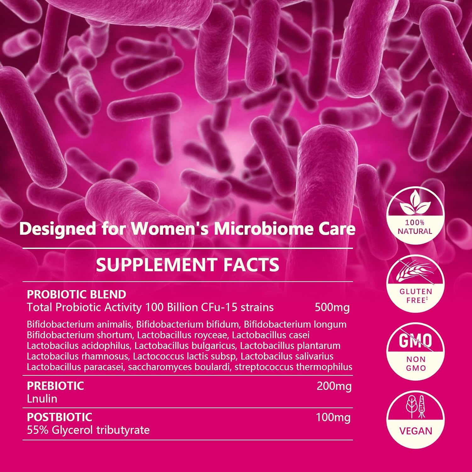 High Potency 3-in-1 Vaginal Probiotics for Women - 100 Billion CFU, 15 Strains - Organic Digestive, Vaginal, Urinary & Immune Health - 60 Capsules