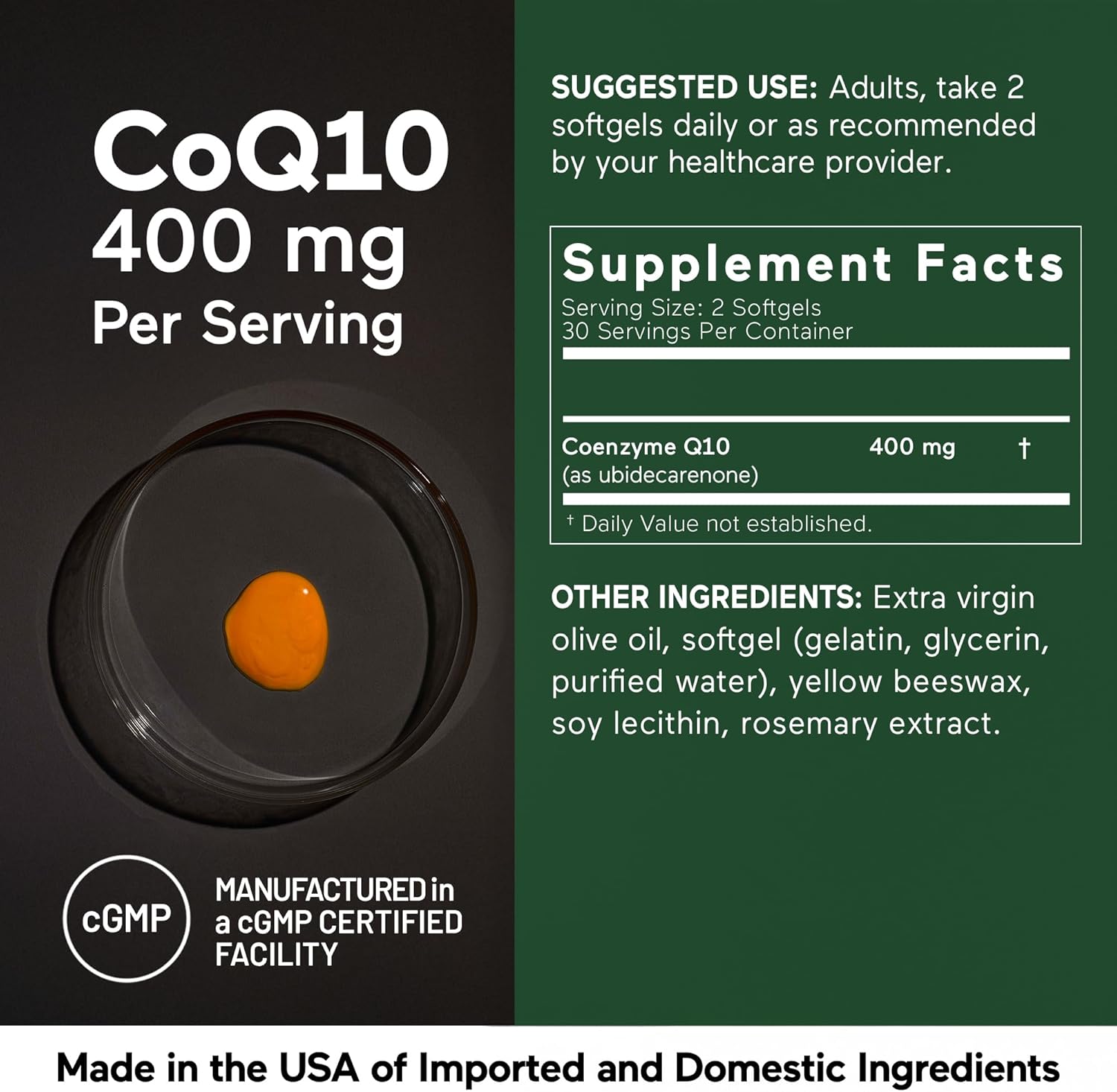 High Potency 400mg CoQ10 Supplement with Enhanced Absorption for Heart Health and Energy Production - 180 Count (90-Day Supply) - Non-GMO and Gluten Free