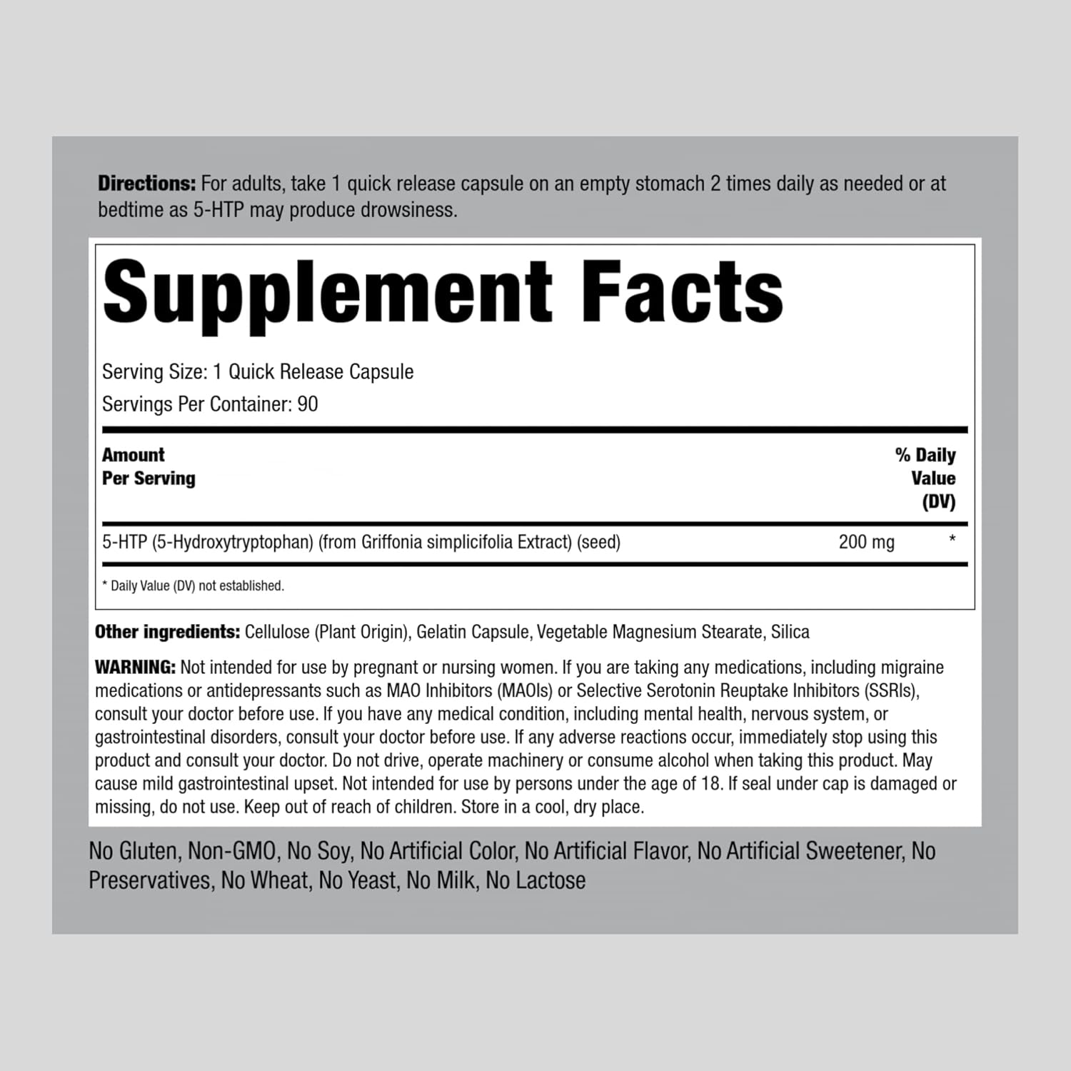 High Potency 5-HTP Supplement | 200mg | 90 Capsules | Natural Griffonia Simplicifolia Extract | Non-GMO, Gluten Free