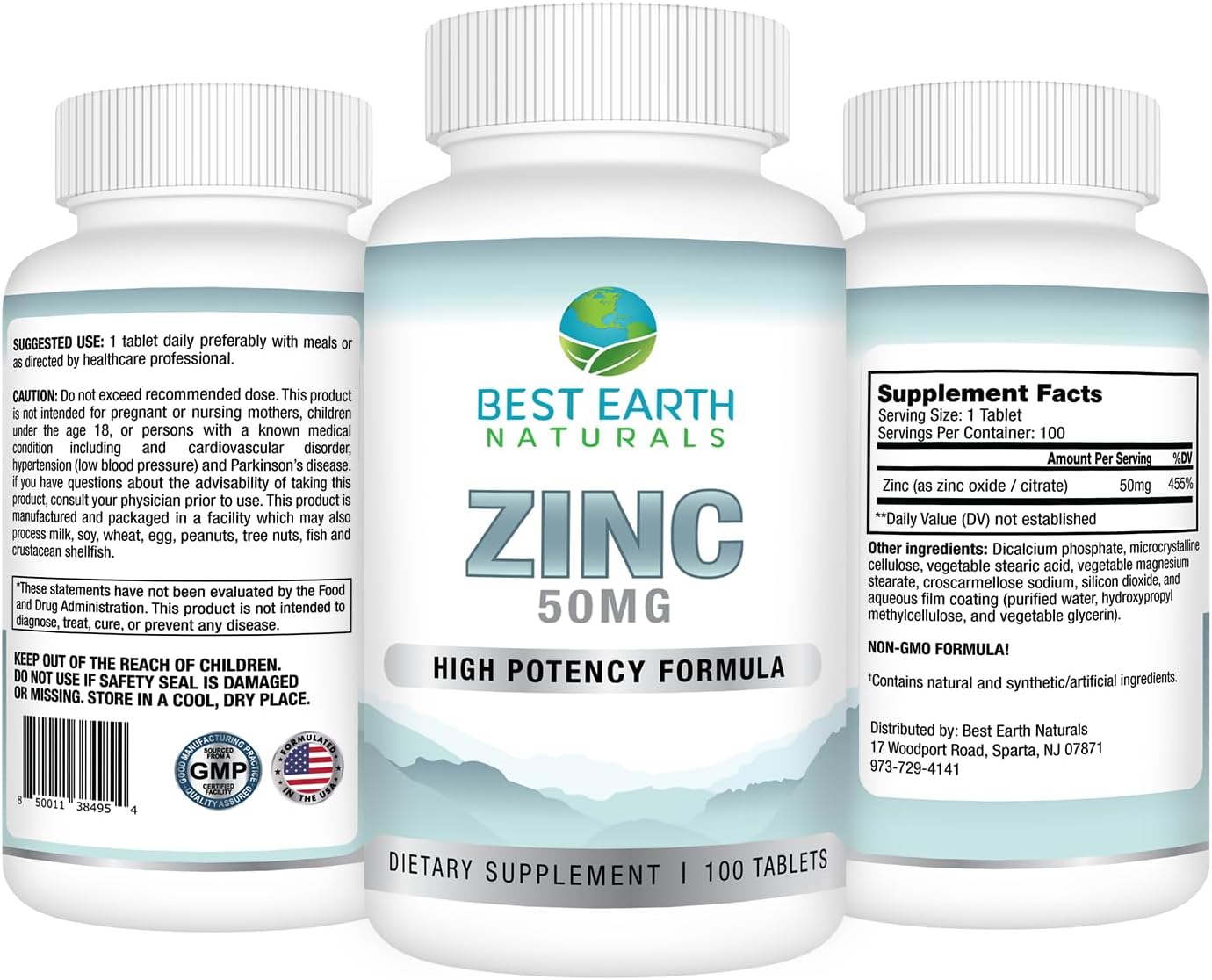 High Potency 50 Mg Zinc Supplements - Natural Antioxidant for Immune Support - 100 Tablets - Best Earth Naturals
