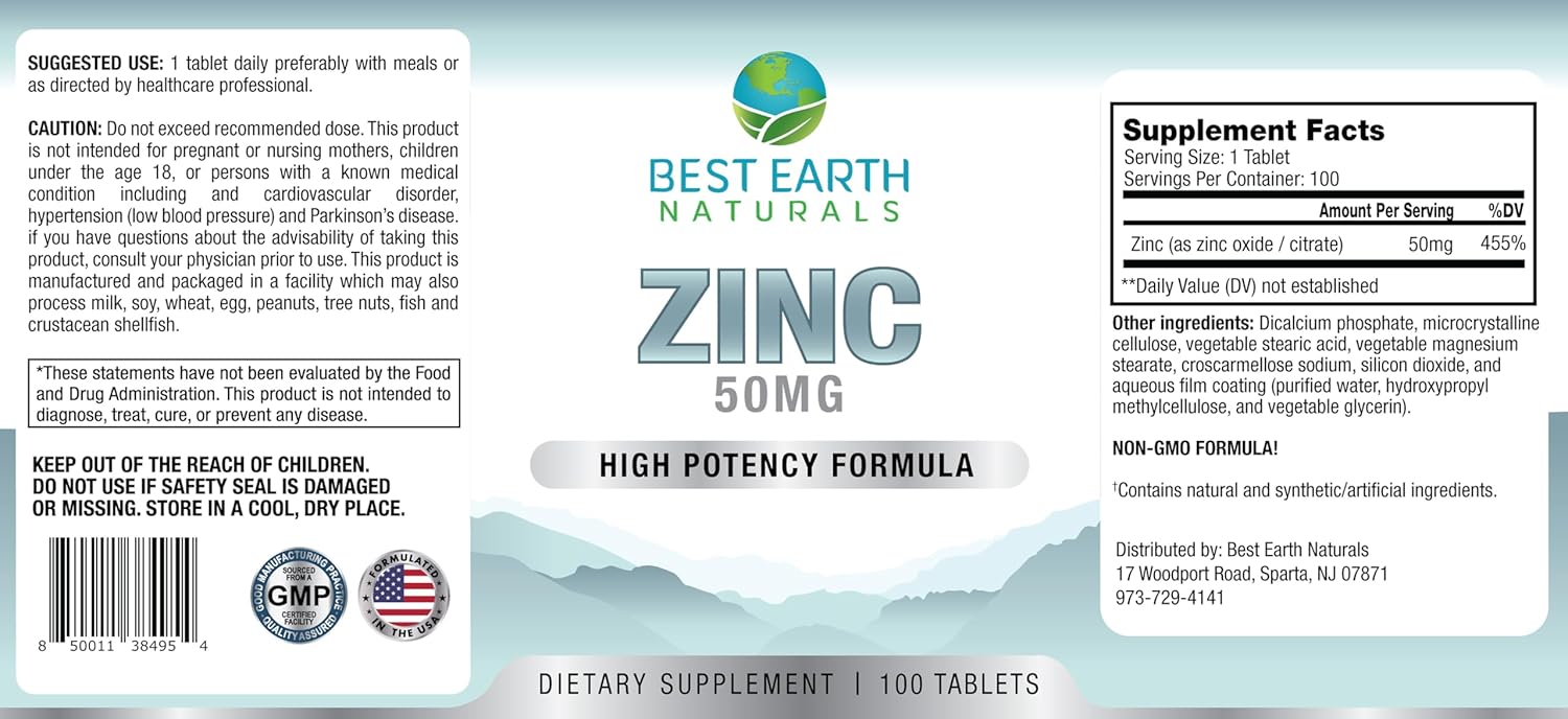 High Potency 50 Mg Zinc Supplements - Natural Antioxidant for Immune Support - 100 Tablets - Best Earth Naturals