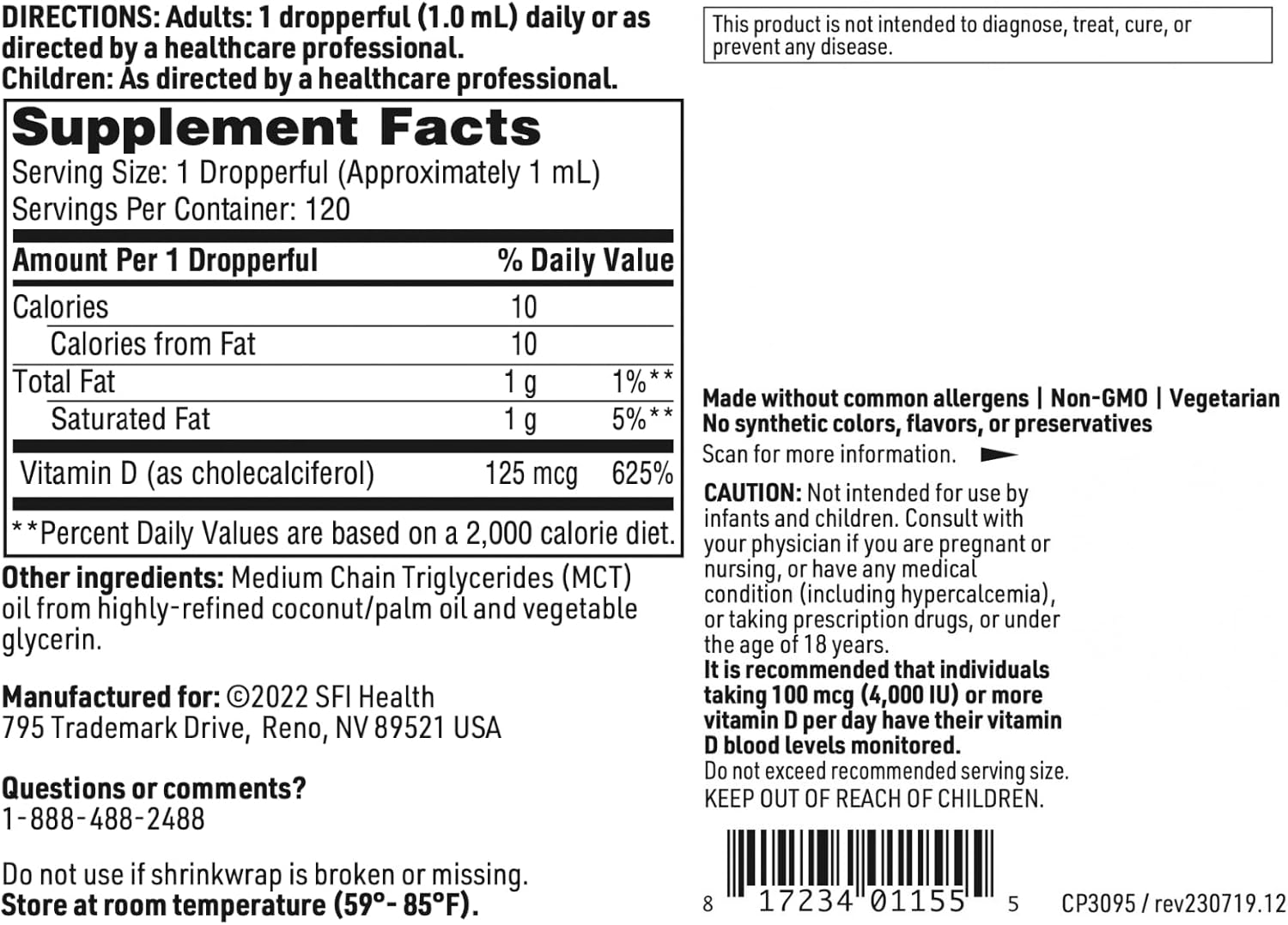 High Potency 5000IU Vitamin D3 Liquid Drops with MCT Oil for Immune, Bone, and Heart Health - 120ml Bottle