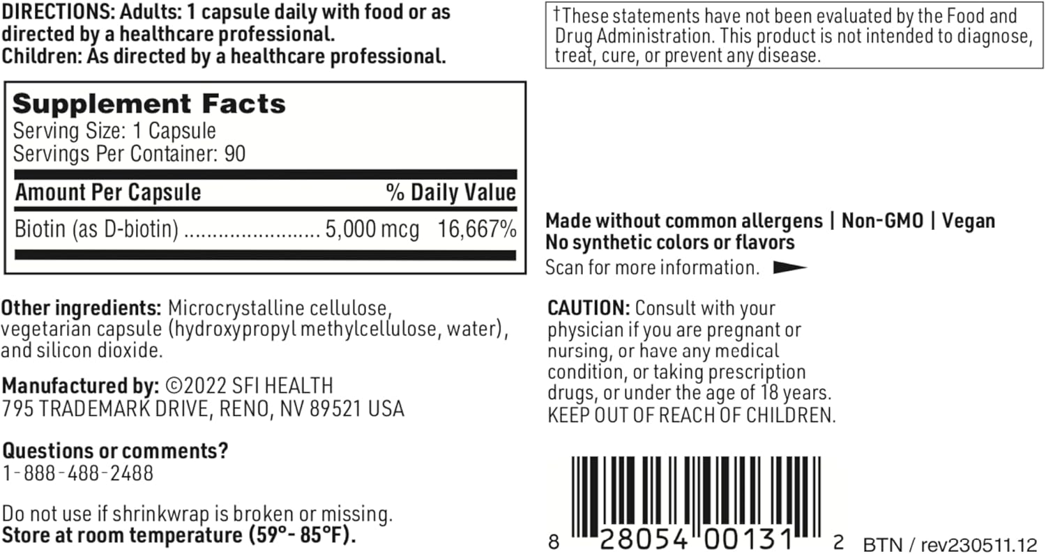 High Potency 5000mcg Biotin Supplement for Skin & Hair - Corn-Free, Small Capsules - Hypoallergenic Biotin Pills - 90 Count