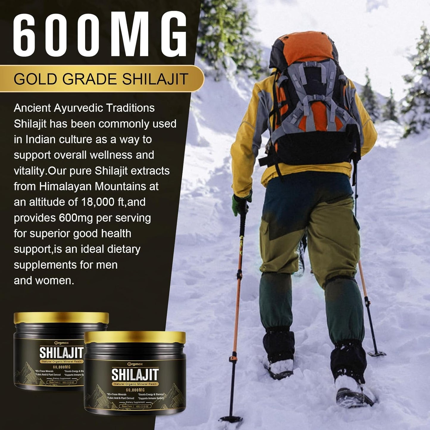High Potency 600mg Pure Natural Shilajit Resin Supplement for Men & Women - Himalayan Shilajit with 85+ Trace Minerals & Fulvic Acid - Energy, Metabolism & Immune Support - Non-GMO - 60g