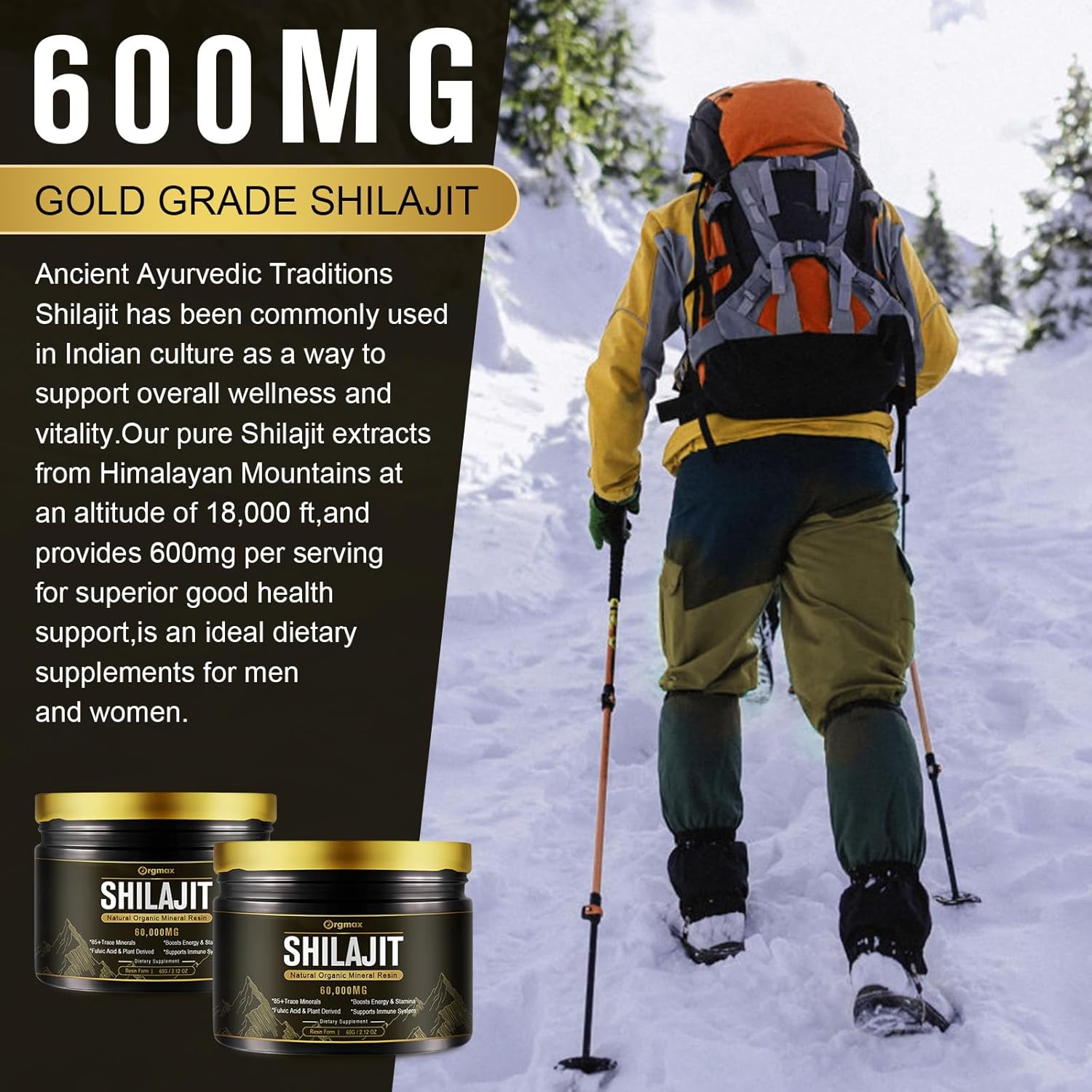 High Potency 600mg Pure Natural Shilajit Resin Supplement for Men & Women - Himalayan Shilajit with 85+ Trace Minerals & Fulvic Acid - Energy, Metabolism & Immune Support - Non-GMO - 60g