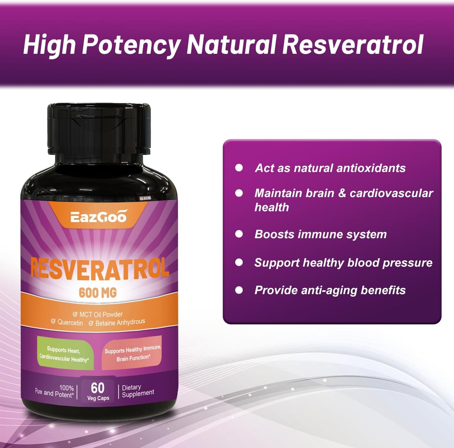 High Potency 600mg Resveratrol Capsules - Anti-Aging Antioxidant Supplement for Health Support - 120 Count