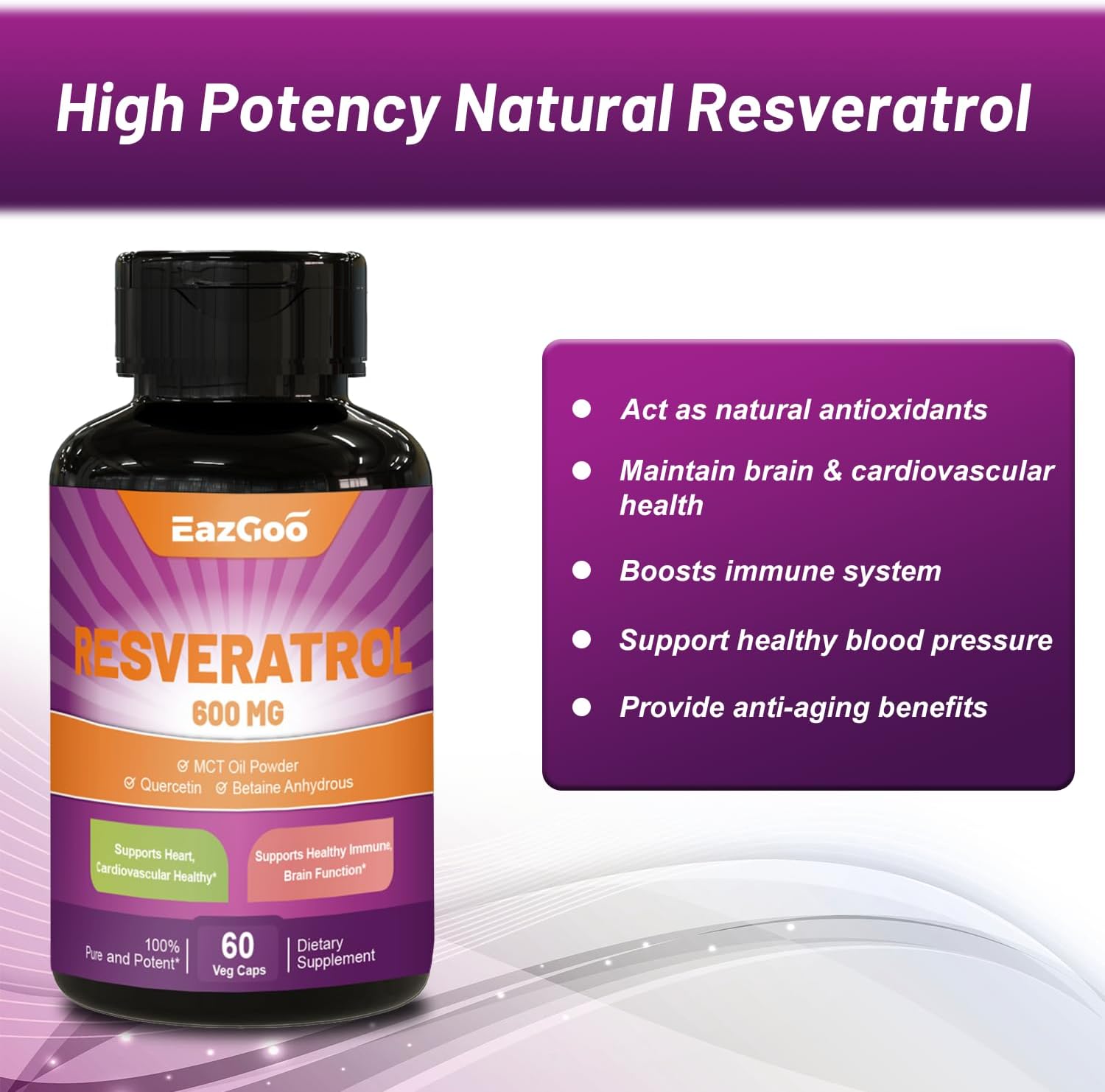 High Potency 600mg Resveratrol Capsules - Anti-Aging Antioxidant Supplement for Health Support - 120 Count