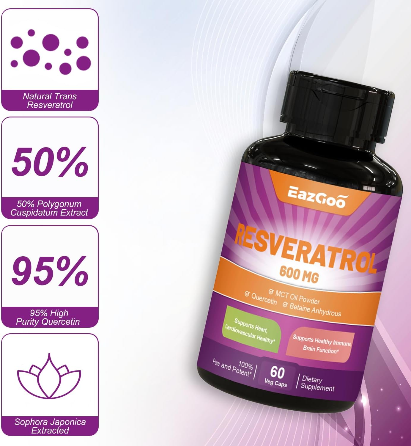 High Potency 600mg Resveratrol Capsules - Anti-Aging Antioxidant Supplement for Health Support - 120 Count