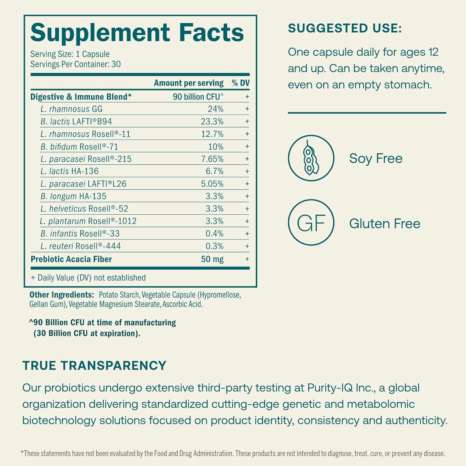 High Potency 90 Billion CFU Probiotic with Prebiotic Fiber - 30 Vegetarian Capsules for Gut & Immune Health - Gluten & Soy Free