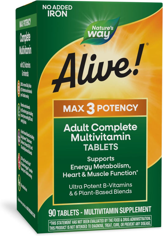 High Potency Adult Complete Multivitamin with B-Vitamins for Energy Metabolism - Nature's Way Alive! Max3, 90 Tablets