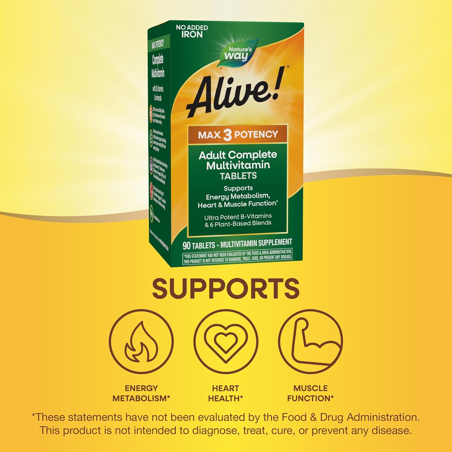 High Potency Adult Complete Multivitamin with B-Vitamins for Energy Metabolism - Nature's Way Alive! Max3, 90 Tablets
