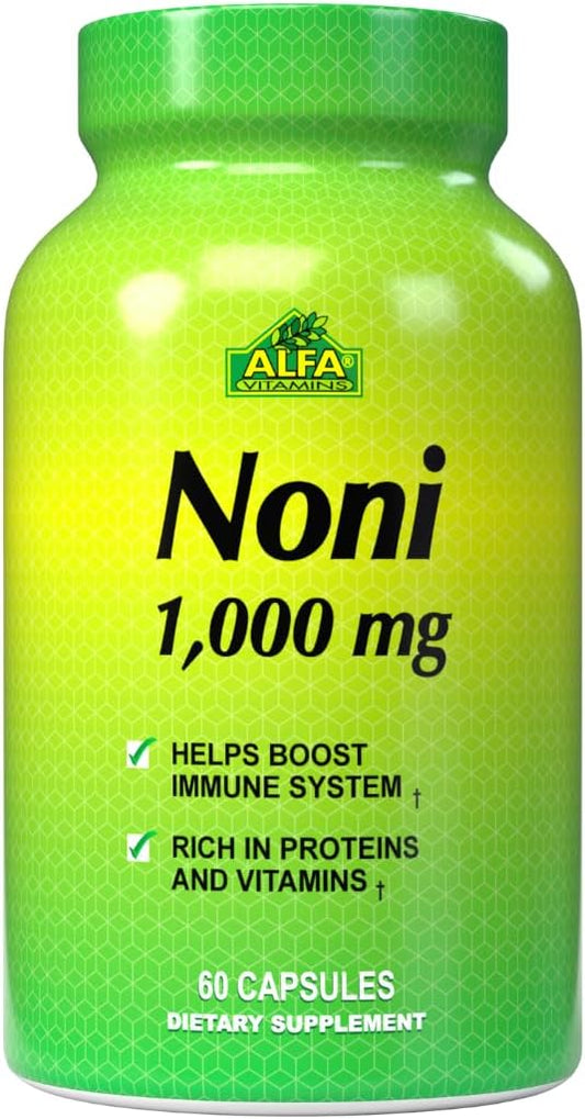 High-Potency ALFA VITAMINS Noni Capsules 1000mg - Natural Antioxidant for Body Function - 60 Count