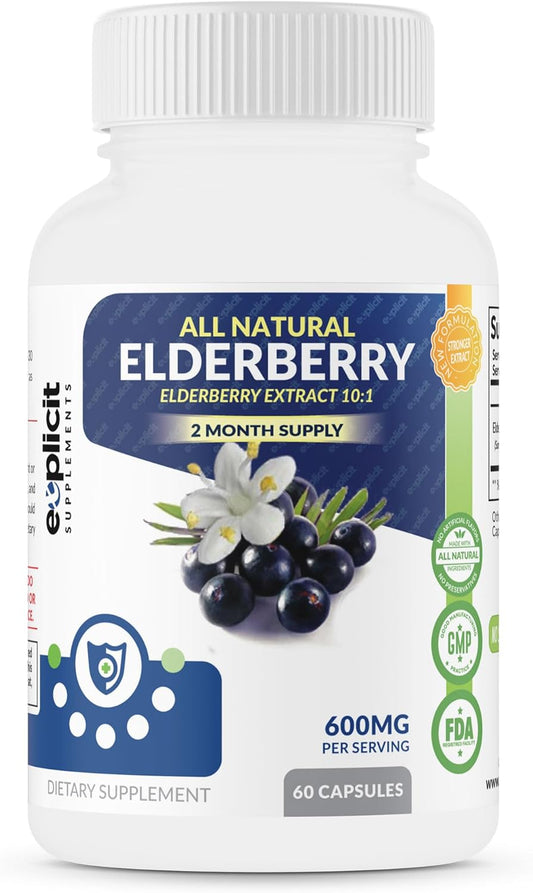 High Potency All Natural Elderberry Supplement for Immune Health - 1200mg Capsules - Made in USA - 60 Day Supply