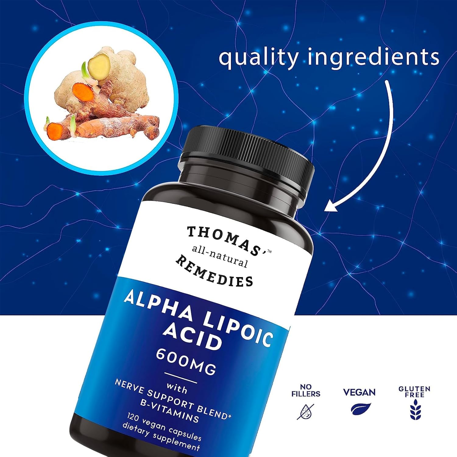 High Potency Alpha Lipoic Acid 600mg Capsules with B-Vitamins - Vegan and All-Natural - 120 Count