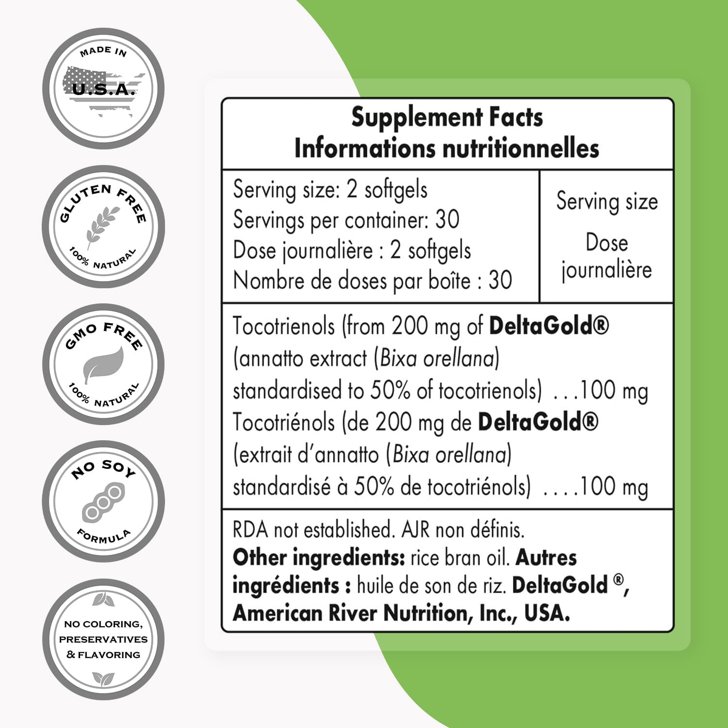 High-Potency Annatto Tocotrienols Supplement - 100mg Daily (DeltaGold Vitamin E) - Non-GMO & Gluten-Free - 60 Softgels