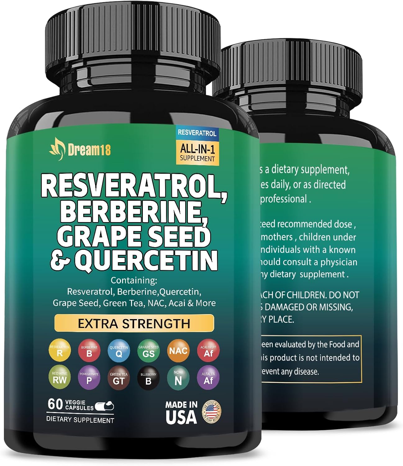 High-Potency Antioxidant Supplement with Resveratrol, Berberine, Grape Seed Extract, Quercetin, Green Tea Extract, N-Acetyl Cysteine, and Acai Extract - 60 Capsules, Made in USA