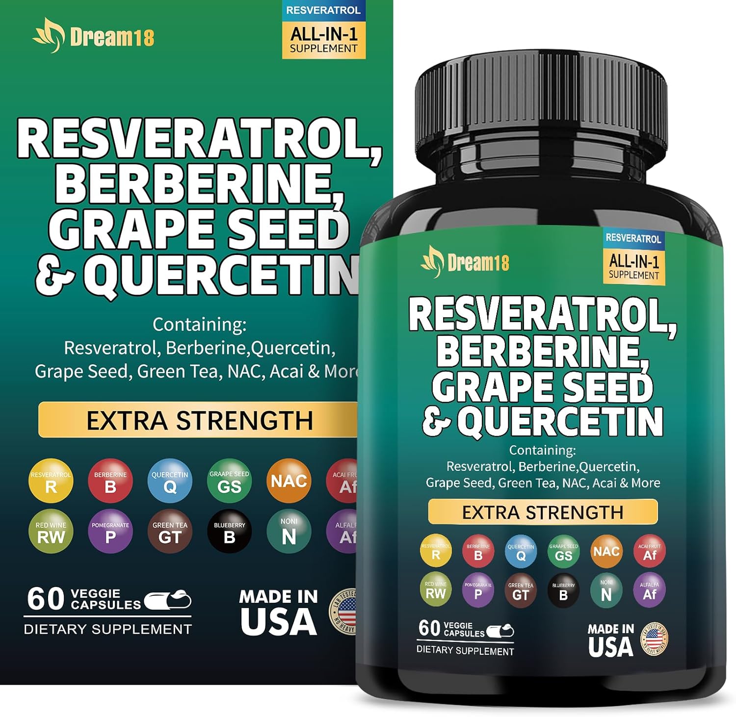 High-Potency Antioxidant Supplement with Resveratrol, Berberine, Grape Seed Extract, Quercetin, Green Tea Extract, N-Acetyl Cysteine, and Acai Extract - 60 Capsules, Made in USA