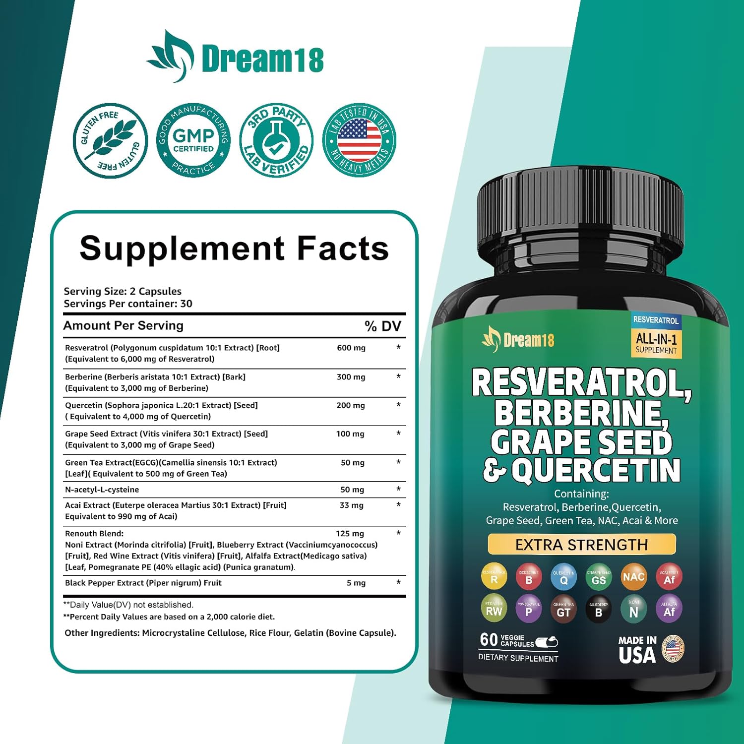 High-Potency Antioxidant Supplement with Resveratrol, Berberine, Grape Seed Extract, Quercetin, Green Tea Extract, N-Acetyl Cysteine, and Acai Extract - 60 Capsules, Made in USA