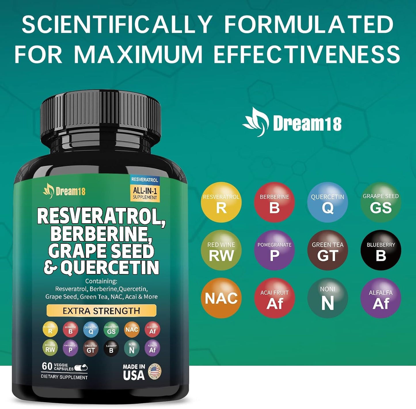 High-Potency Antioxidant Supplement with Resveratrol, Berberine, Grape Seed Extract, Quercetin, Green Tea Extract, N-Acetyl Cysteine, and Acai Extract - 60 Capsules, Made in USA