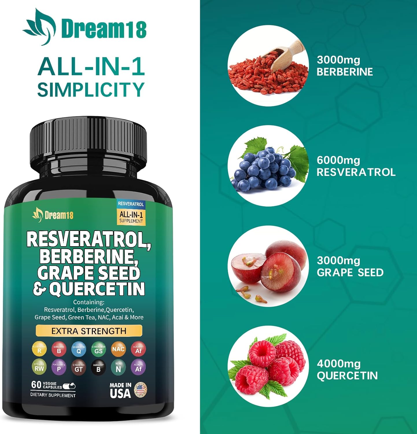 High-Potency Antioxidant Supplement with Resveratrol, Berberine, Grape Seed Extract, Quercetin, Green Tea Extract, N-Acetyl Cysteine, and Acai Extract - 60 Capsules, Made in USA