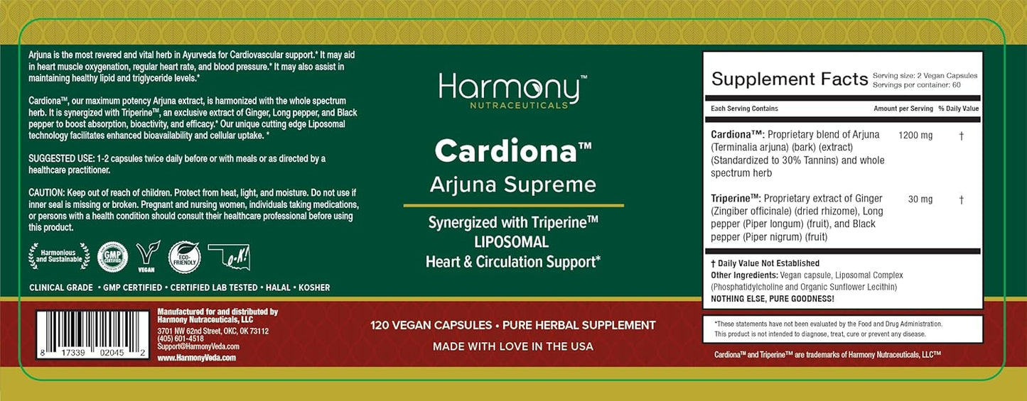 High Potency Arjuna Supreme Capsules with Triperine for Cardiovascular Support - Liposomal Formula by Dr. Gumman's Harmony Nutraceuticals