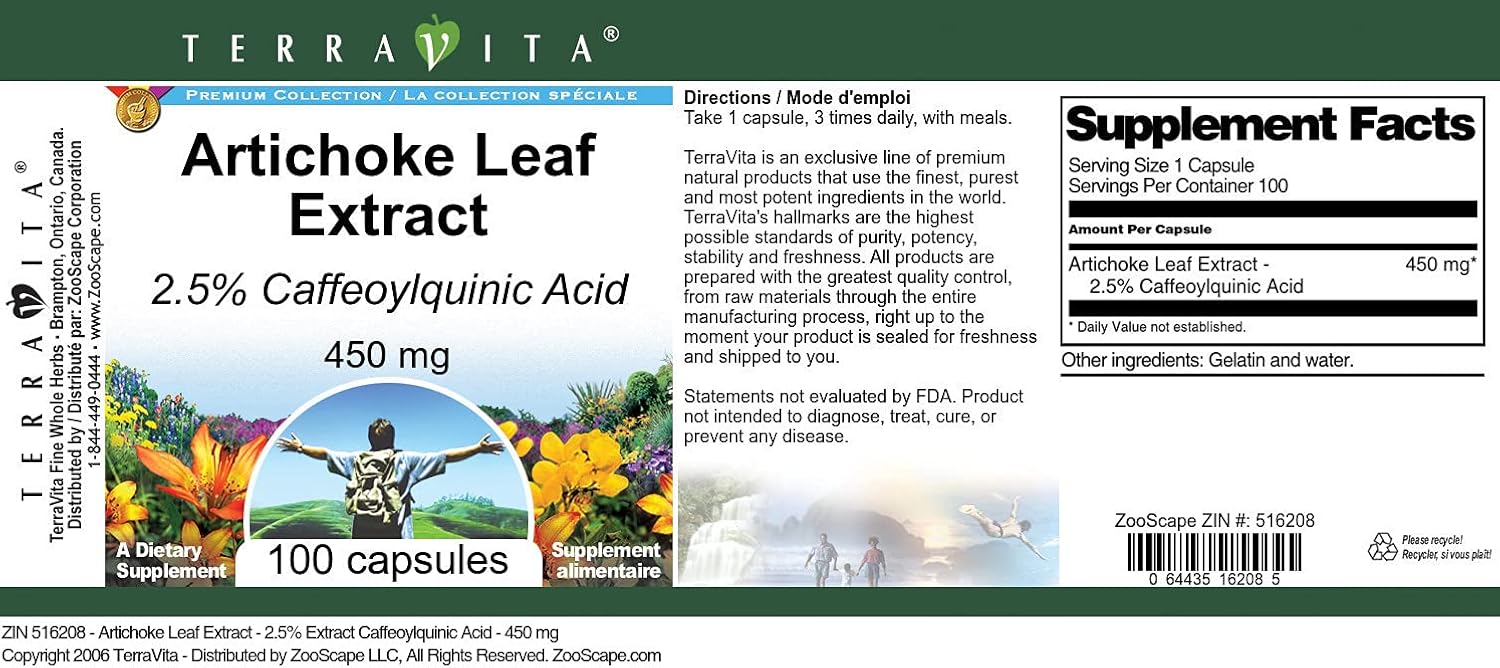 High Potency Artichoke Leaf Extract Capsules with 2.5% Caffeoylquinic Acid - 450 mg (100 Count)